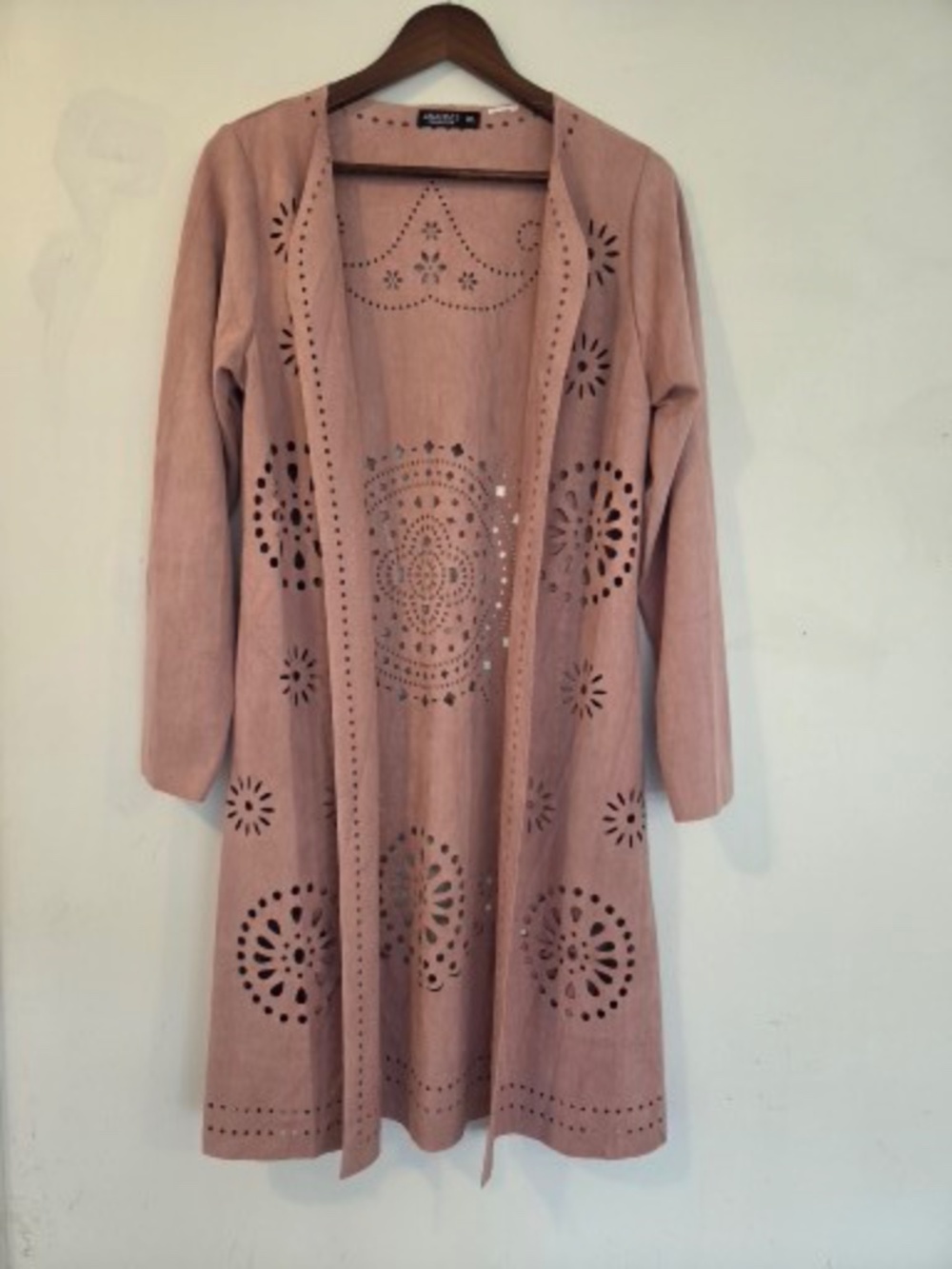 Anandas pink duster cardigan/coat vegan suede die cut outs midi boho festival